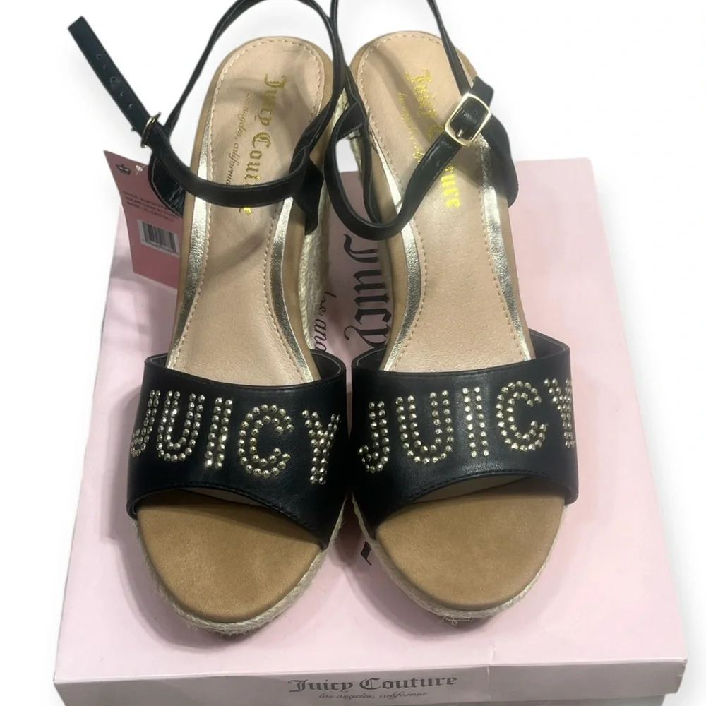 Juicy Couture Black Metal Stud Espadrille Platform Ankle Strap Wedge Sandals 9